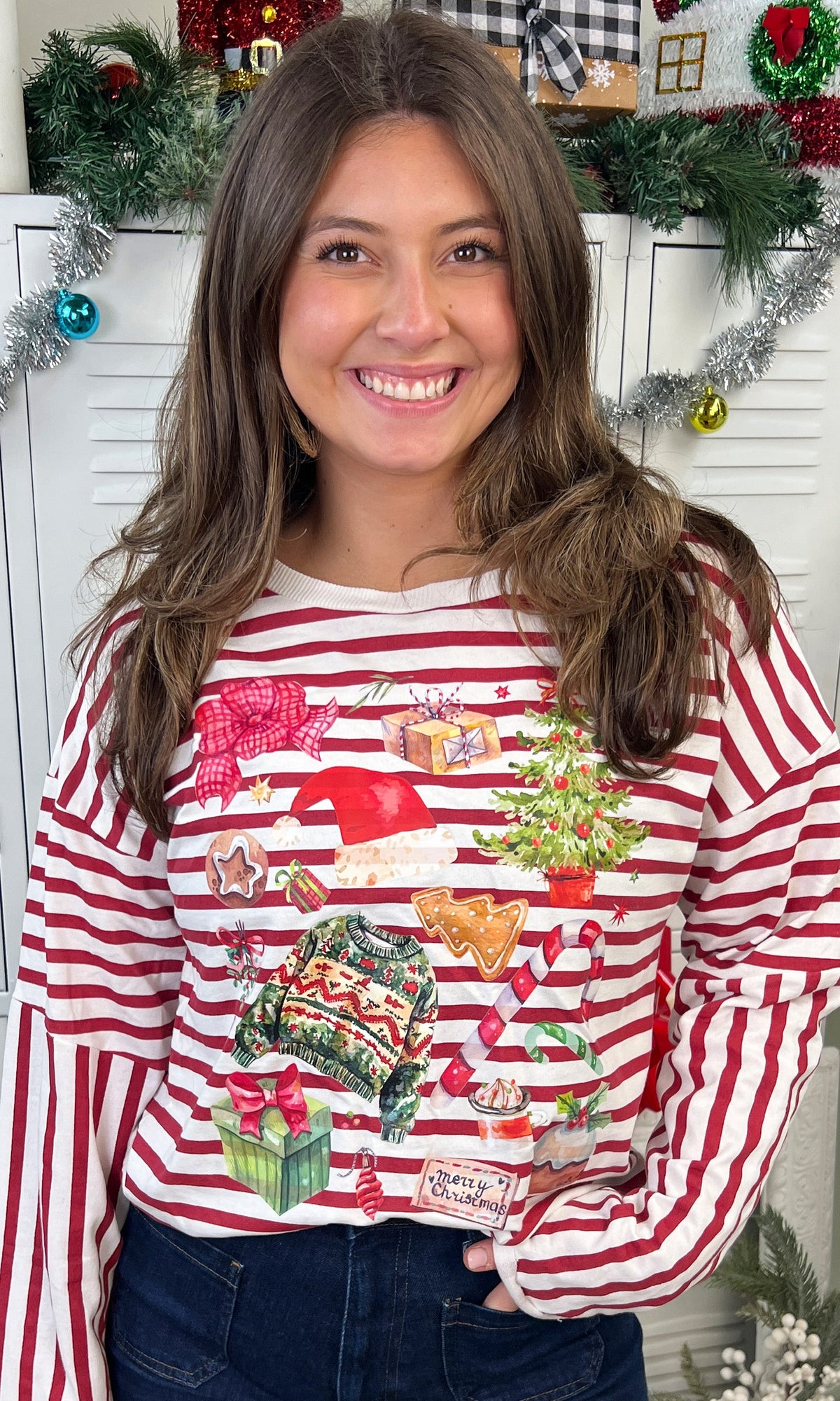 Christmas Collage LS Edgy Striped Graphic Shirt