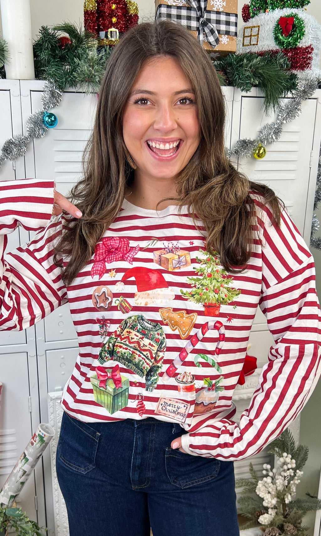 Christmas Collage LS Edgy Striped Graphic Shirt