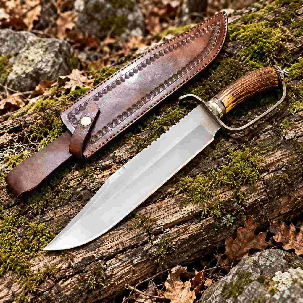 Custom D-Guard D2 Bowie Knife with Stag Antler Handle and Leather Sheath