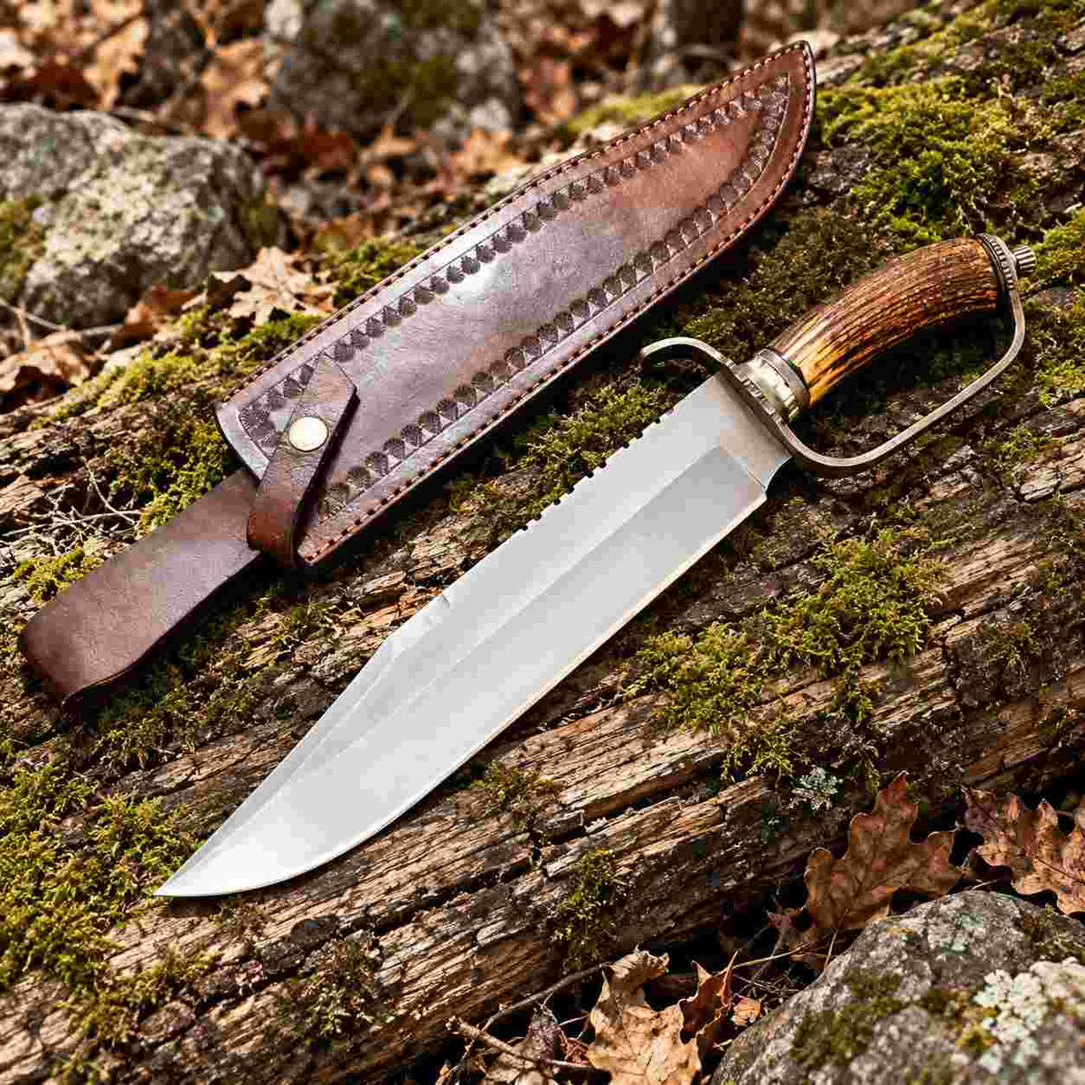 Custom D-Guard D2 Bowie Knife with Stag Antler Handle and Leather Sheath