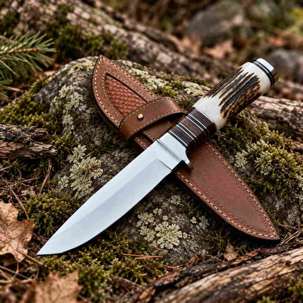 11 Inch D2 Steel Hunting Knife with Natural Antler Handle & Leather Sheath