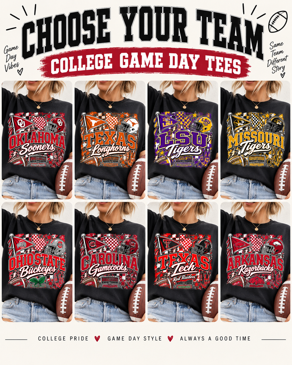 College Game Day T-Shirt | Choose Your Team | Black Gildan Softstyle