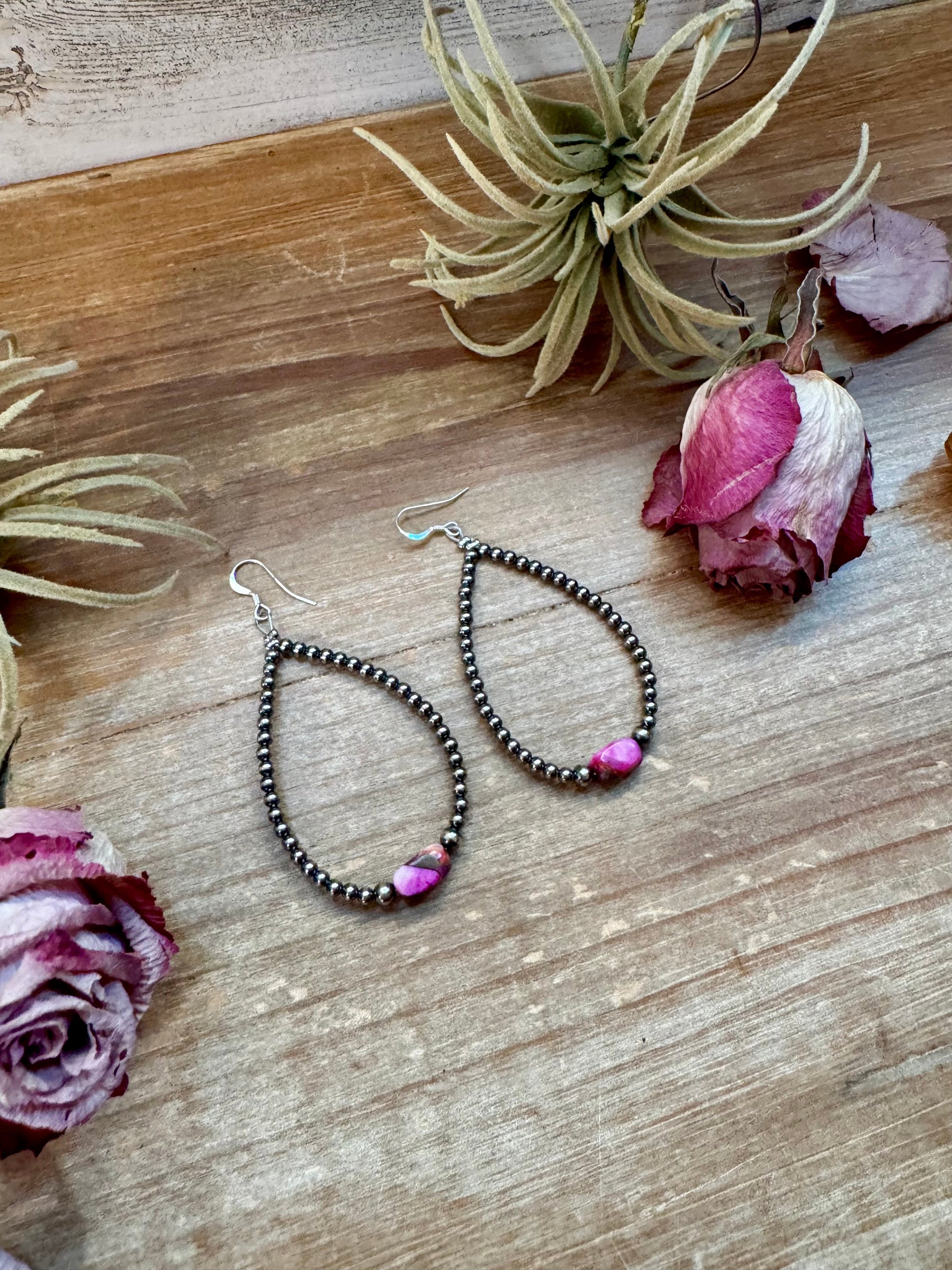 Dyed Pink Turquoise & Sterling Silver Pearl Teardrop Earrings – 3"