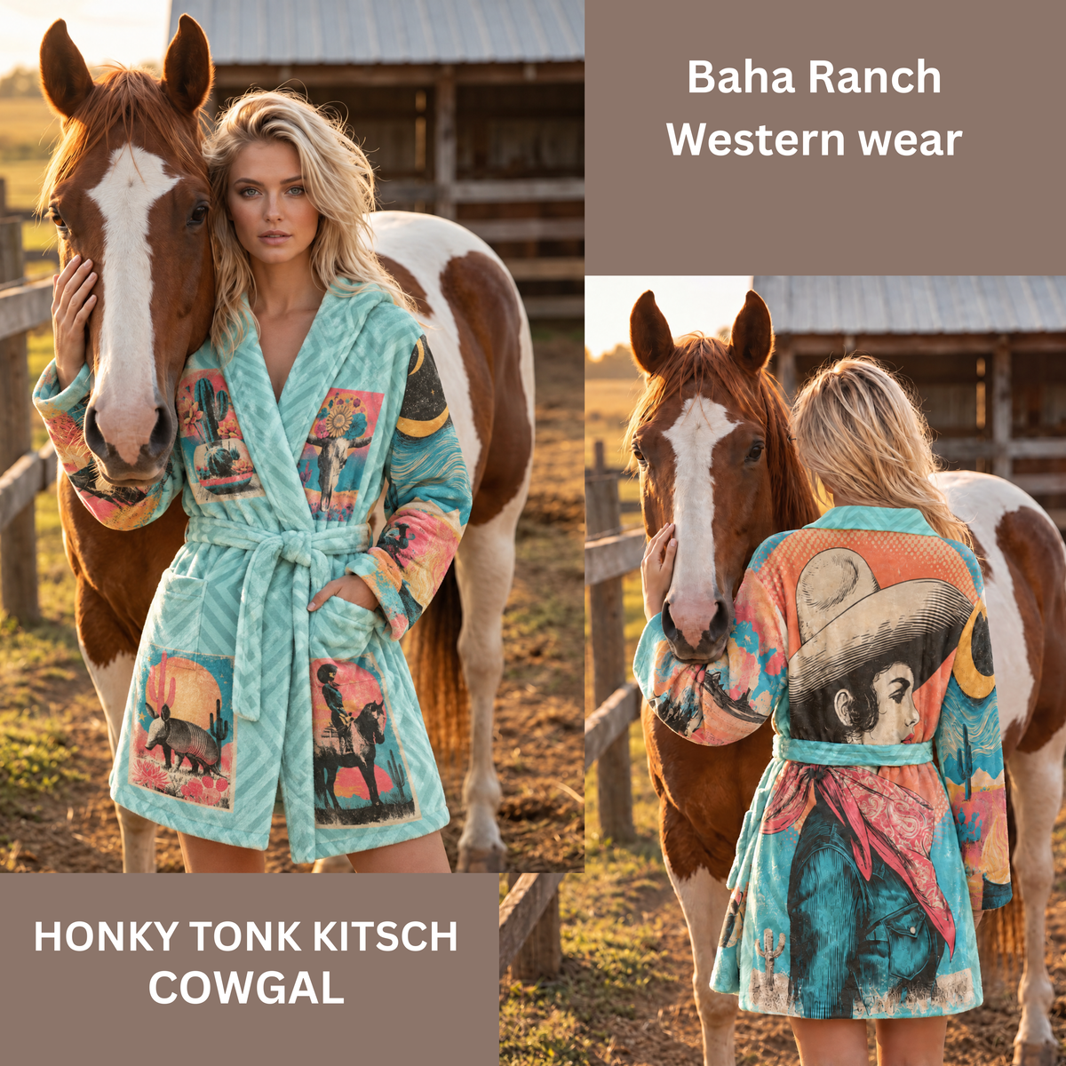 Baha Ranch Honky Tonk Kitsch Cowgal Miky Fleece Plush Robe