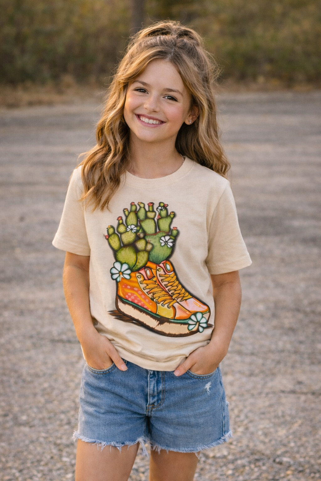 Cactus Cowgirl Sneakers Graphic Long Sleeve on Gildan Softstyle Natural Shirt – Graphic Tee, Long Sleeve & Crewneck.