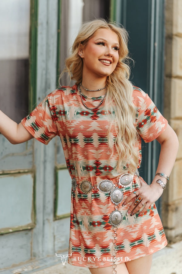 Multi Aztec Printed Short Sleeve Round Neck Dress