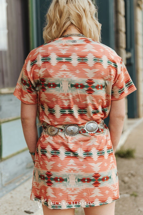 Multi Aztec Printed Short Sleeve Round Neck Dress