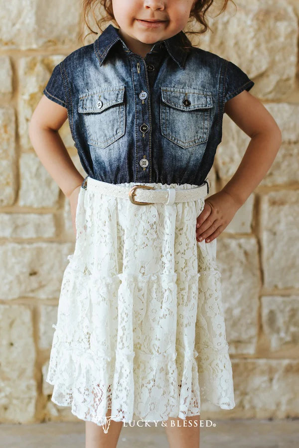 Girls Denim & Lace Tiered Dress – Red Road Rae'sd Boutique