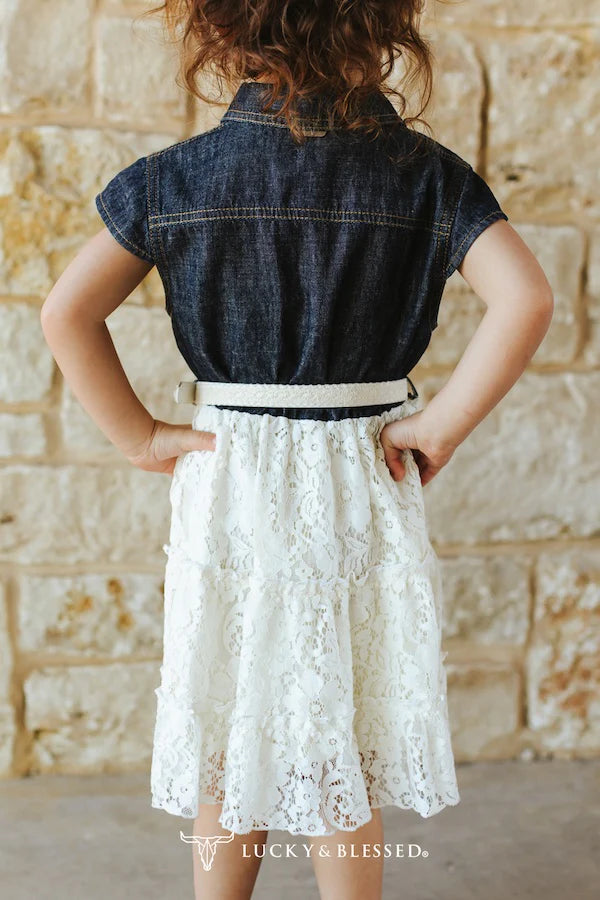 Girls Denim & Lace Tiered Dress