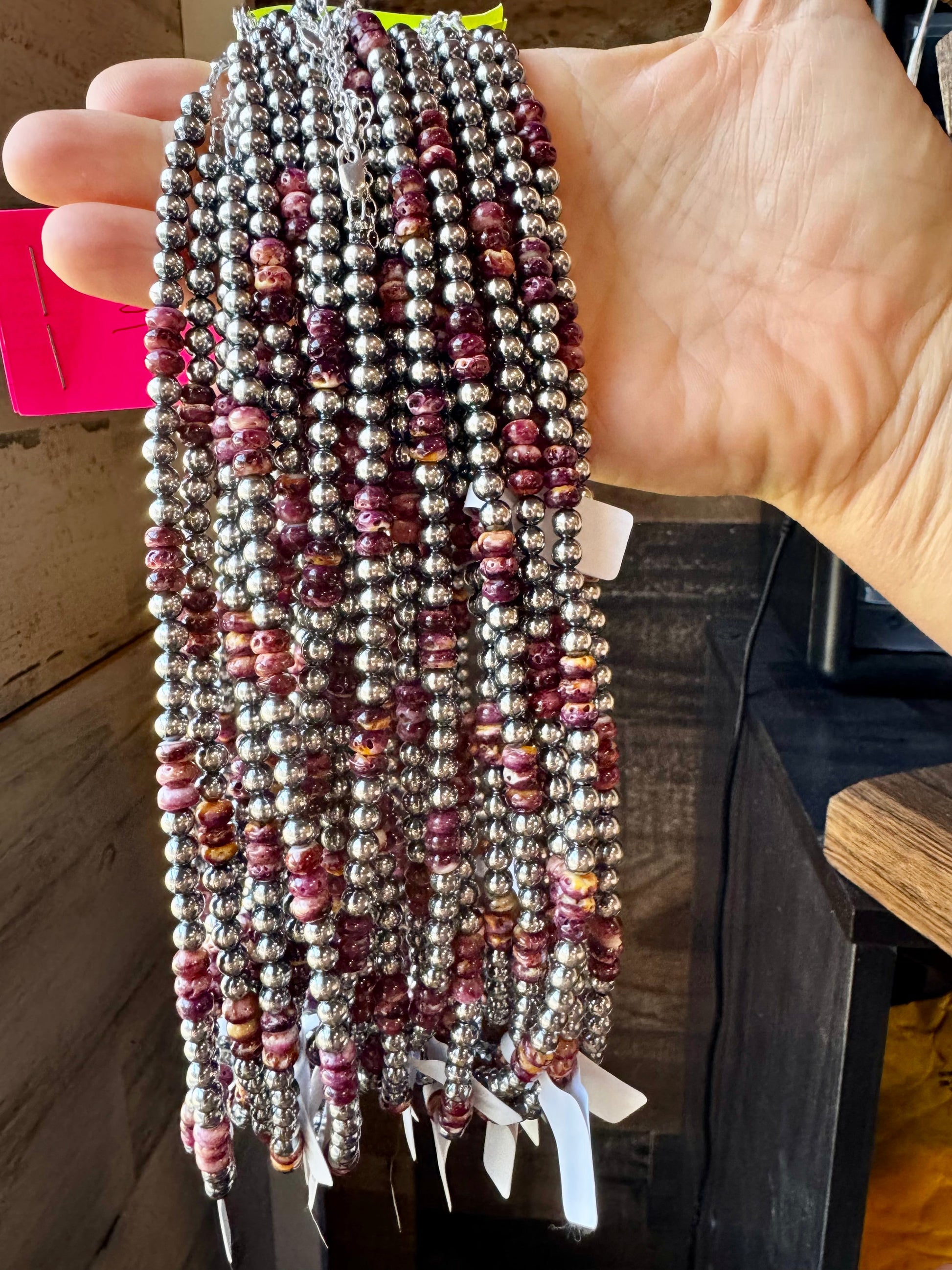 18-Inch Sterling Silver Pearl Necklace with Deep Purple Spiny Oyster – (5mm)