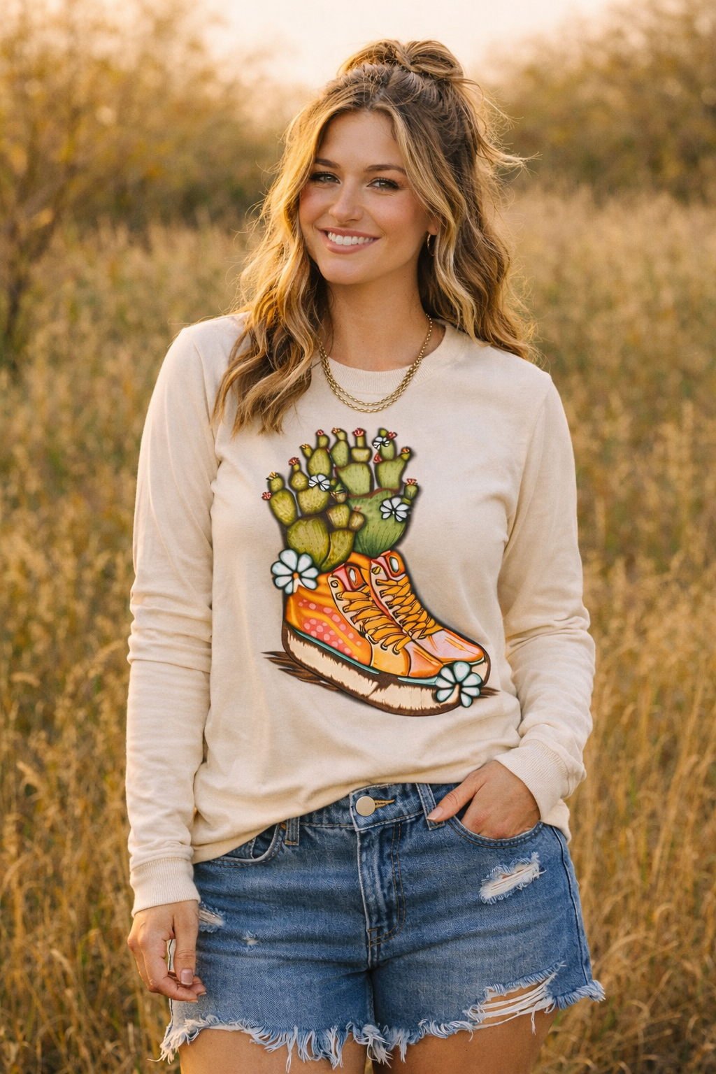 Cactus Cowgirl Sneakers Graphic Long Sleeve on Gildan Softstyle Natural Shirt – Graphic Tee, Long Sleeve & Crewneck.