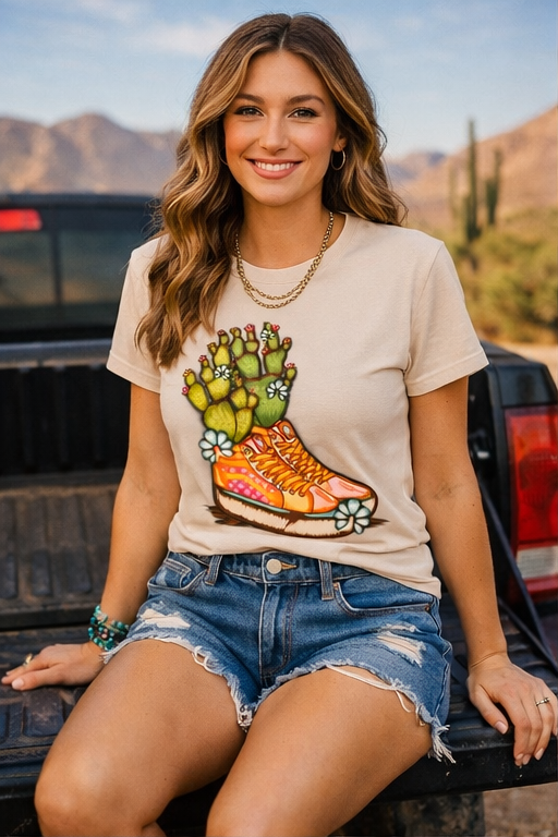 Cactus Cowgirl Sneakers Graphic Long Sleeve on Gildan Softstyle Natural Shirt – Graphic Tee, Long Sleeve & Crewneck.