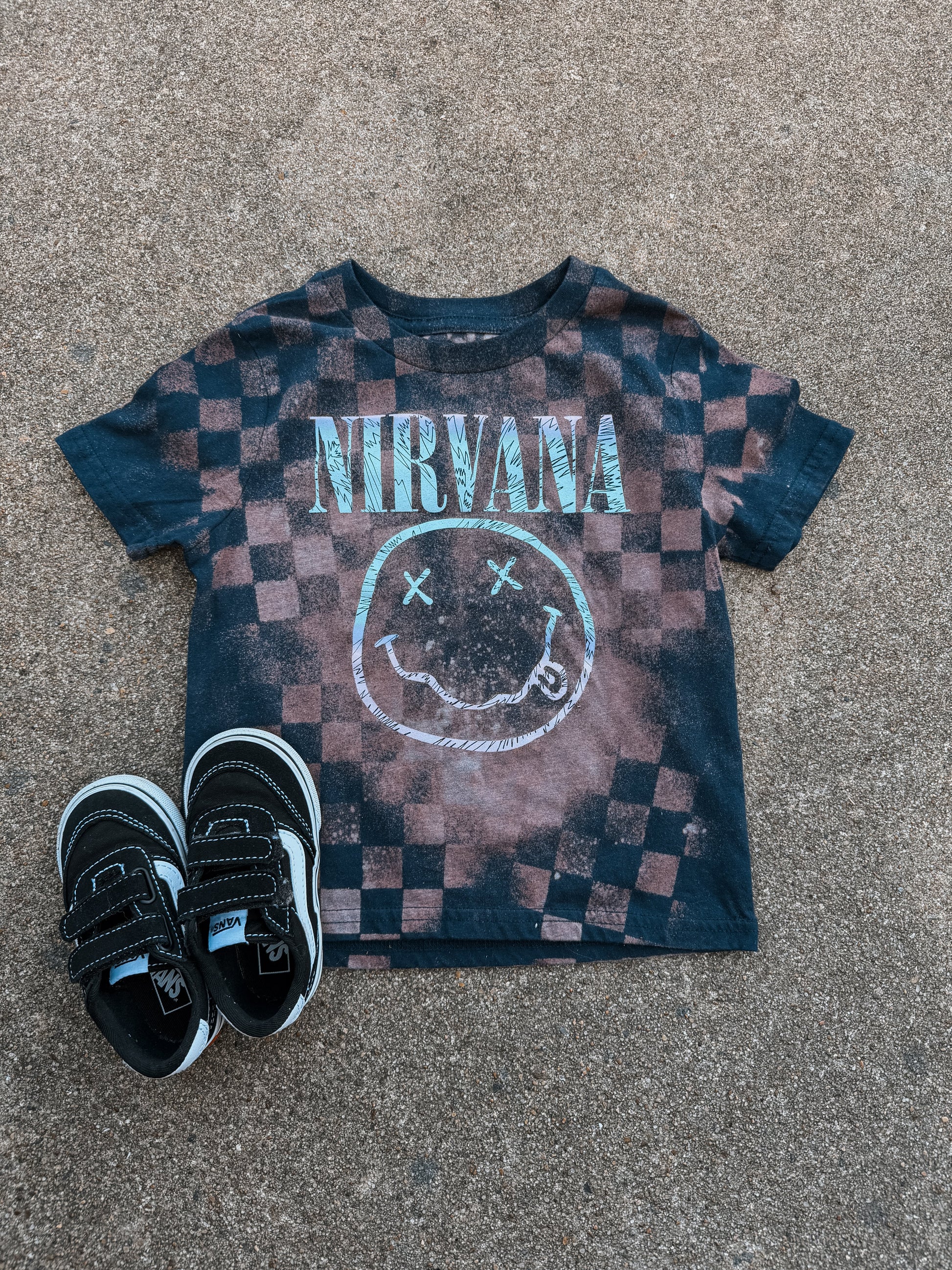 Upcycled By Katie Nirvana Smiley Face Tee – Hand-Bleached One-of-a-Kind (4T) Shirt – Graphic Teen