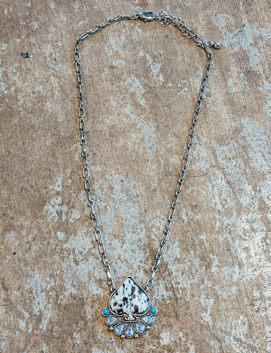 White Spade Stone Necklace & Earring Set – Turquoise + AB Crystal Western Glam Set