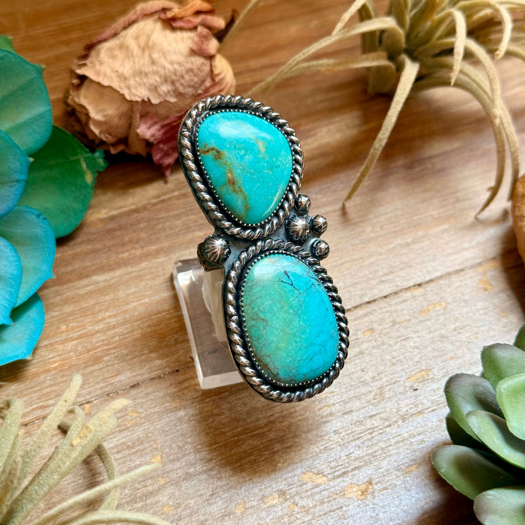 MJ Two-Stone Blue-Green Turquoise Statement Ring