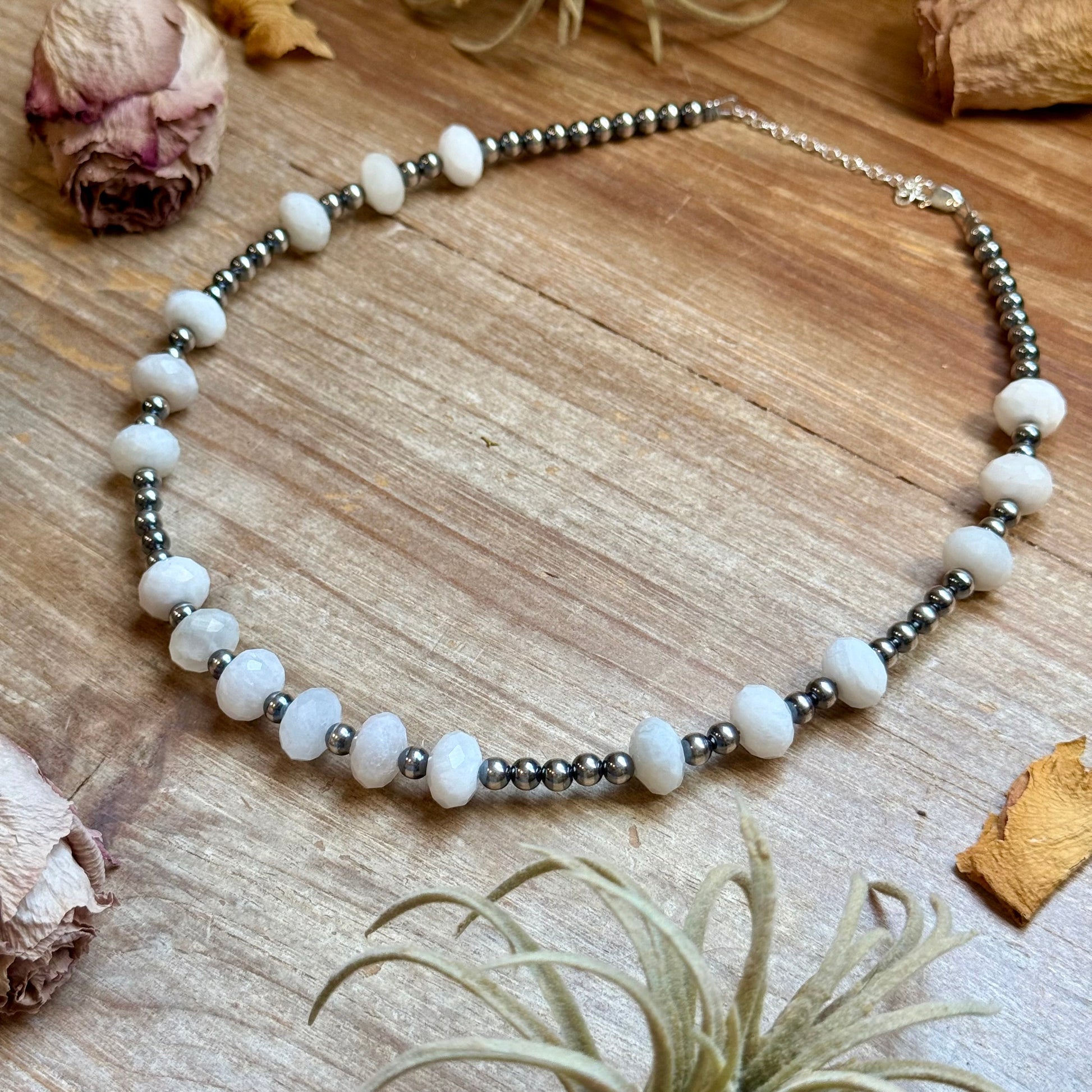 Faceted Moonstone & Sterling Silver Pearl Necklace