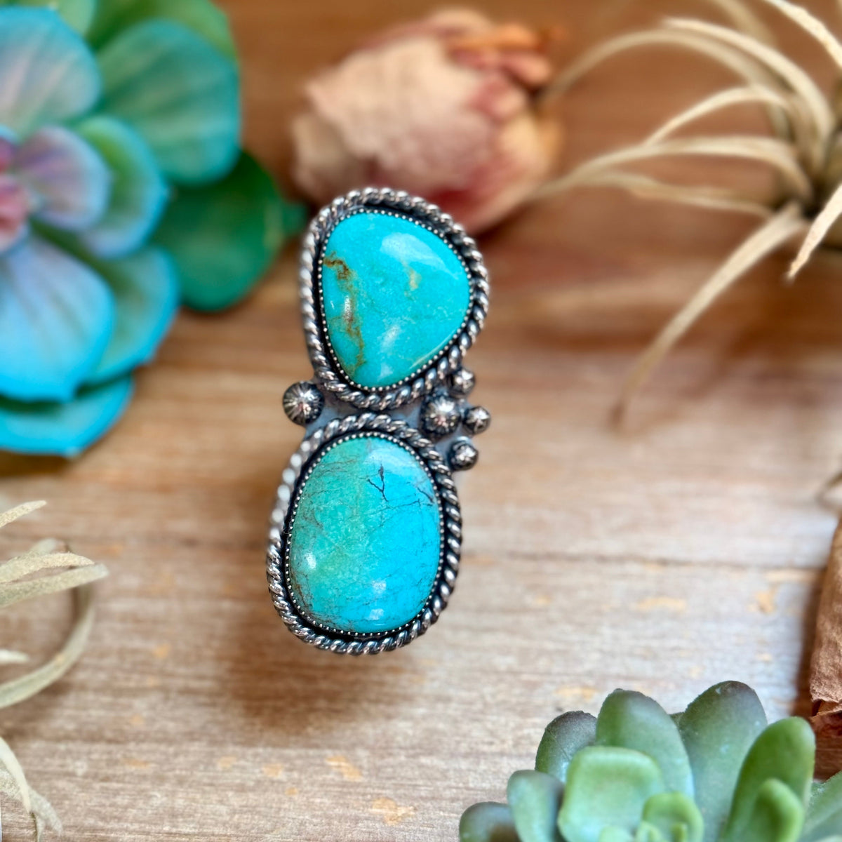 MJ Two-Stone Blue-Green Turquoise Statement Ring