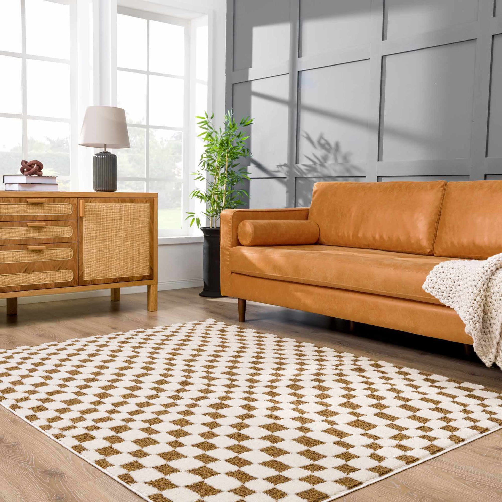 Lajos Brown Checkered Shag Rug