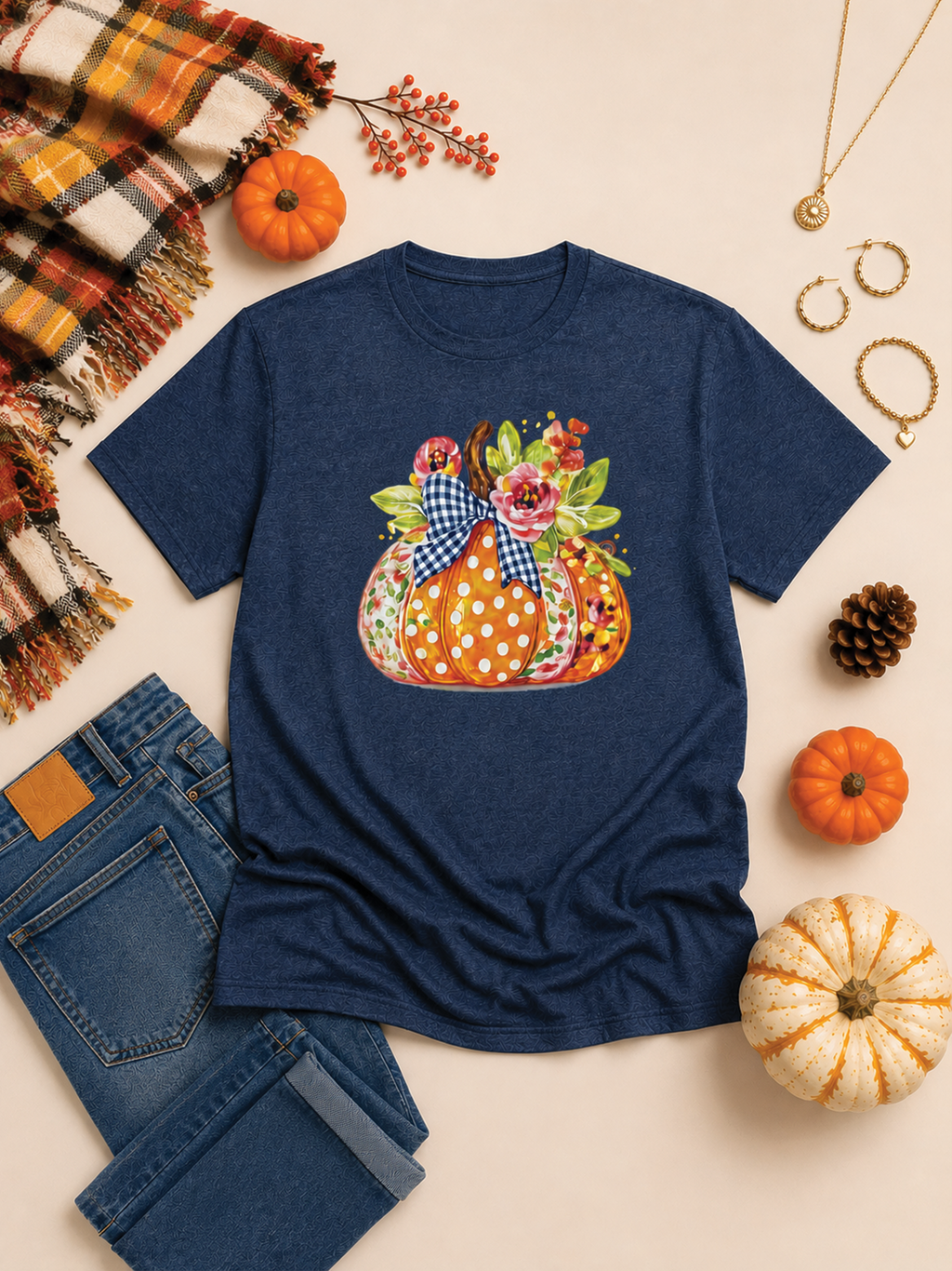 Floral Pumpkin Pattern Fall Graphic Burnout Shirt