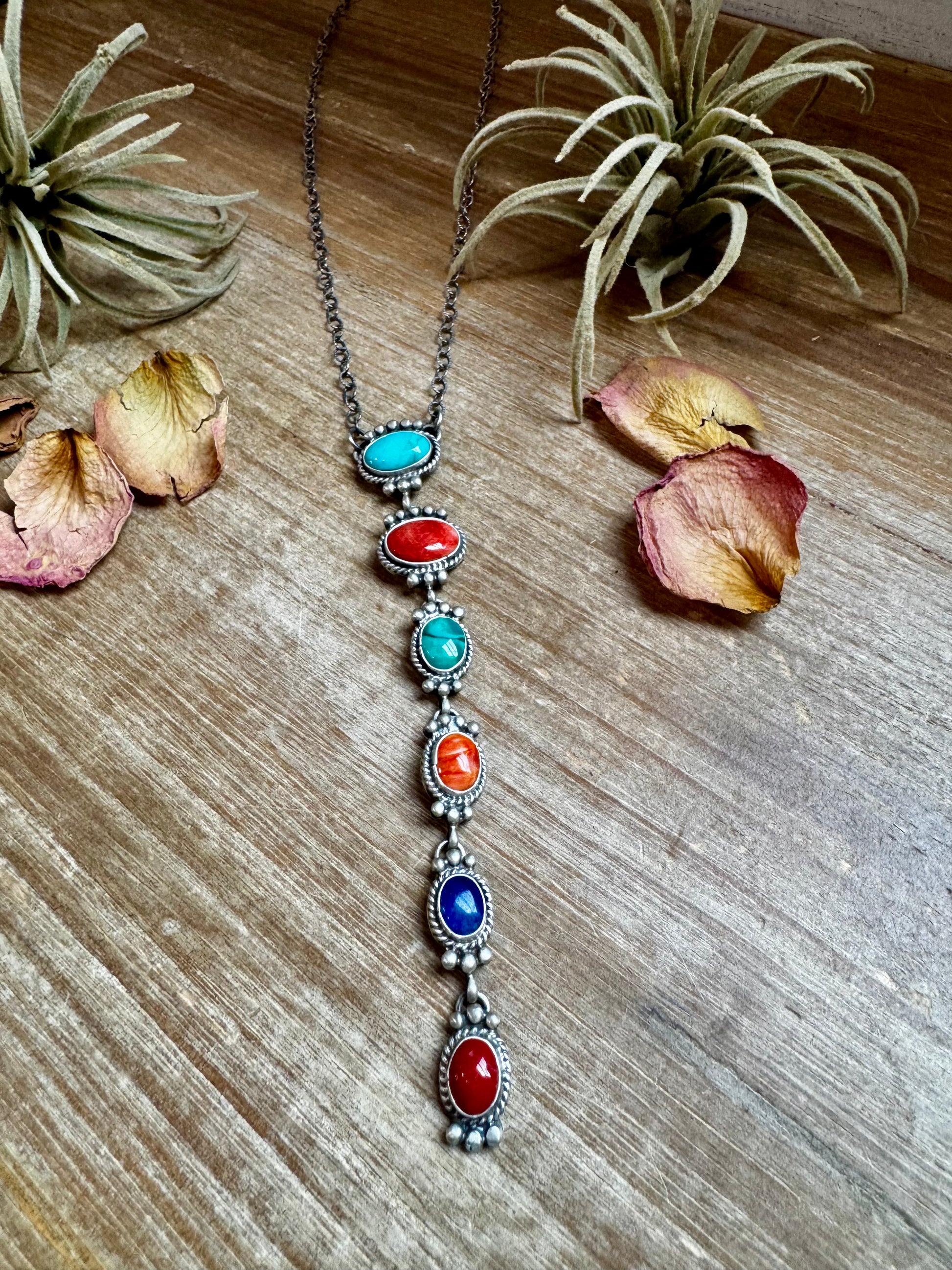 Sterling Silver Lariat Necklace – Native Made – Turquoise, Spiny, & Lapis Charms – One of a Kind