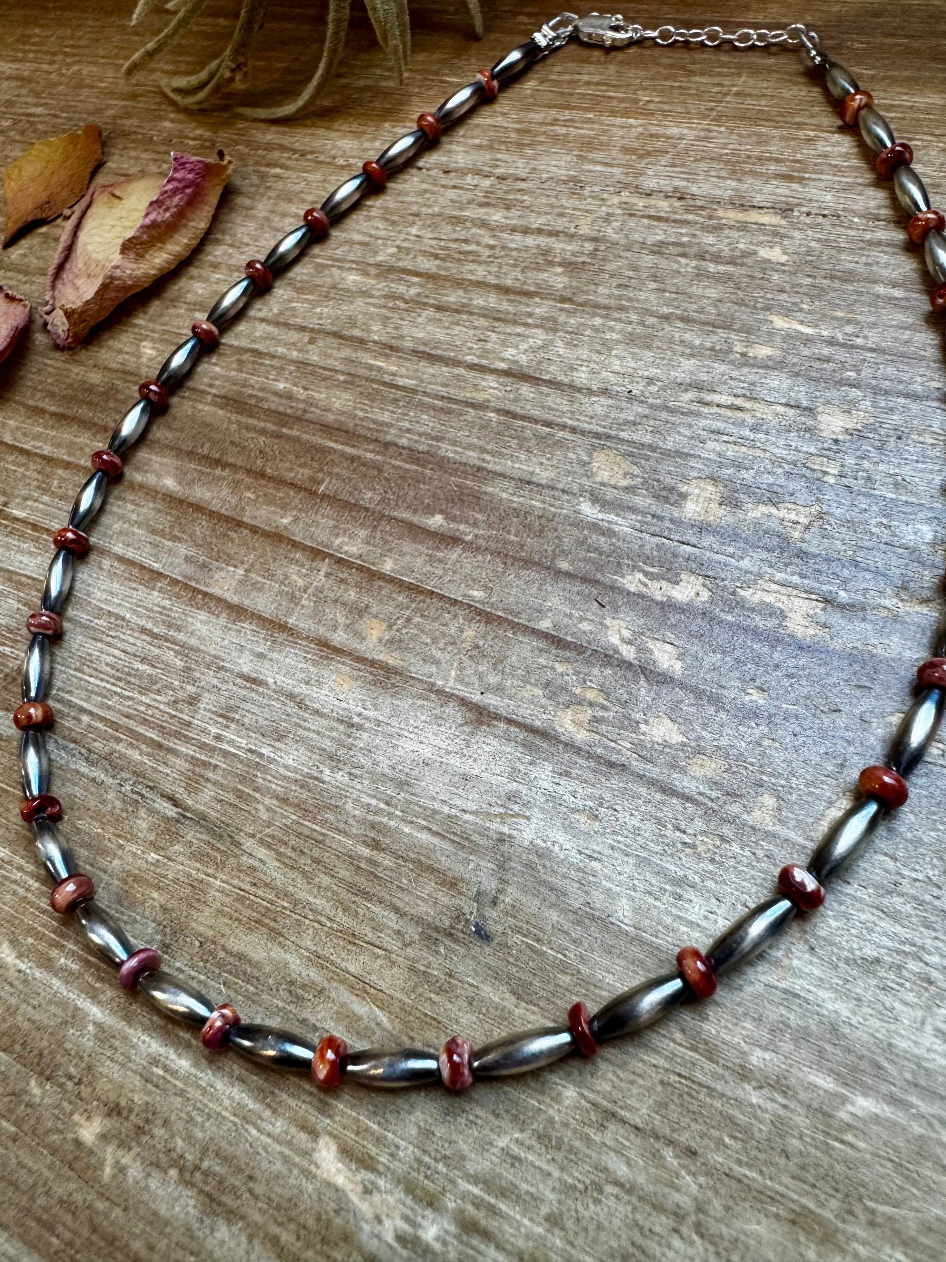 14-Inch Sterling Silver Torpedo & Spiny Oyster Heishi Choker