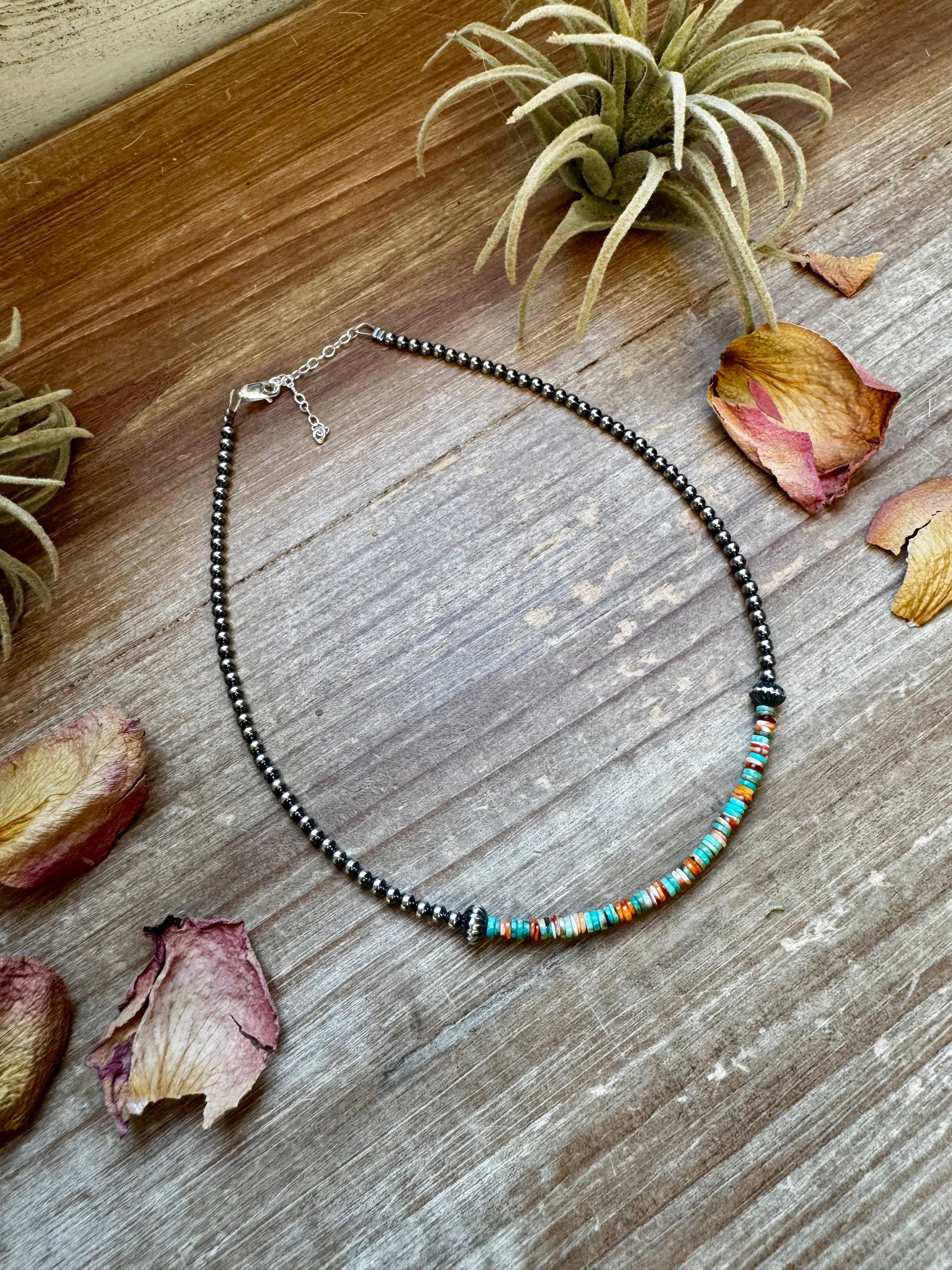 Sterling Silver Pearl Choker with Turquoise & Spiny Oyster Heishi
