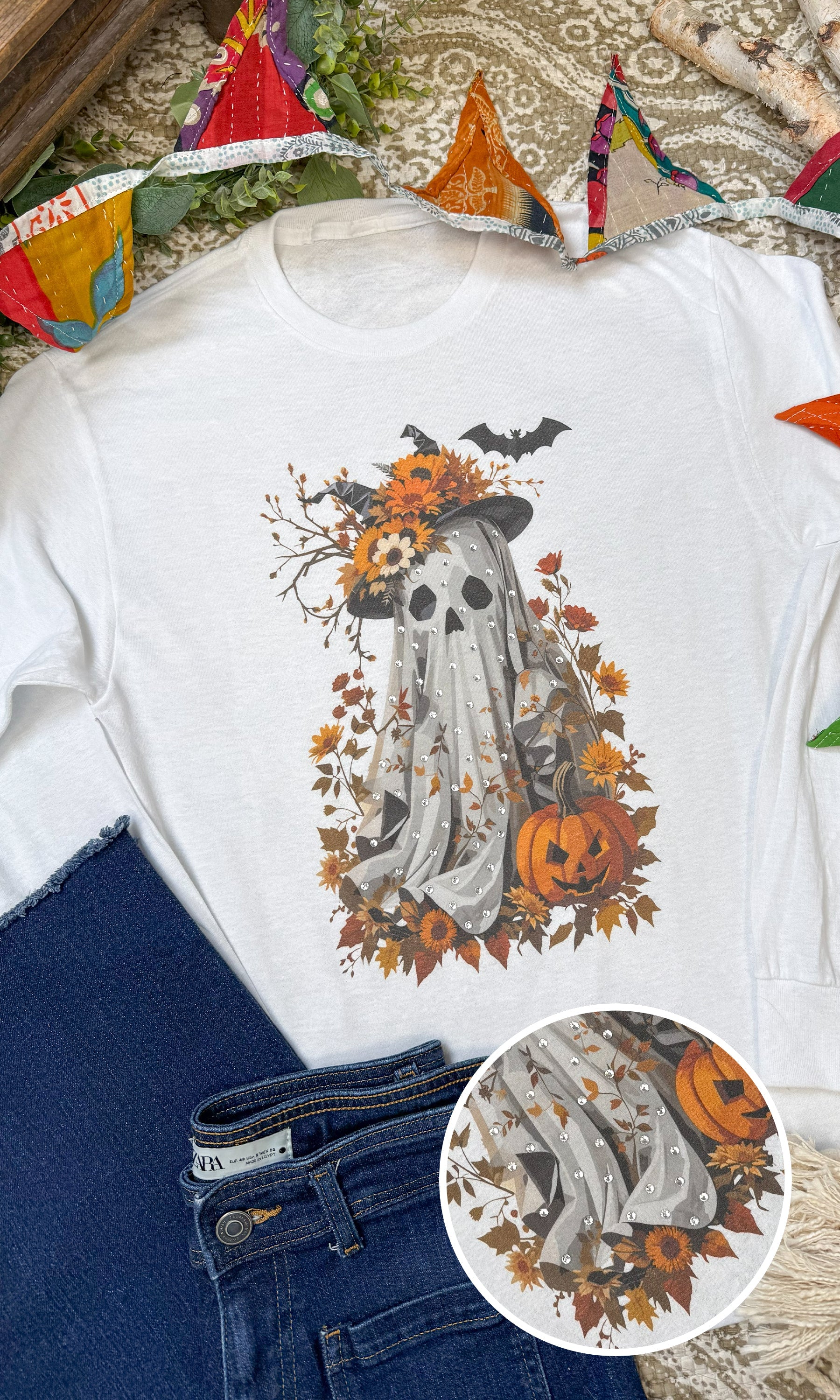 Gaudy Ghost Rhinestone Graphic Long Sleeve Shirt