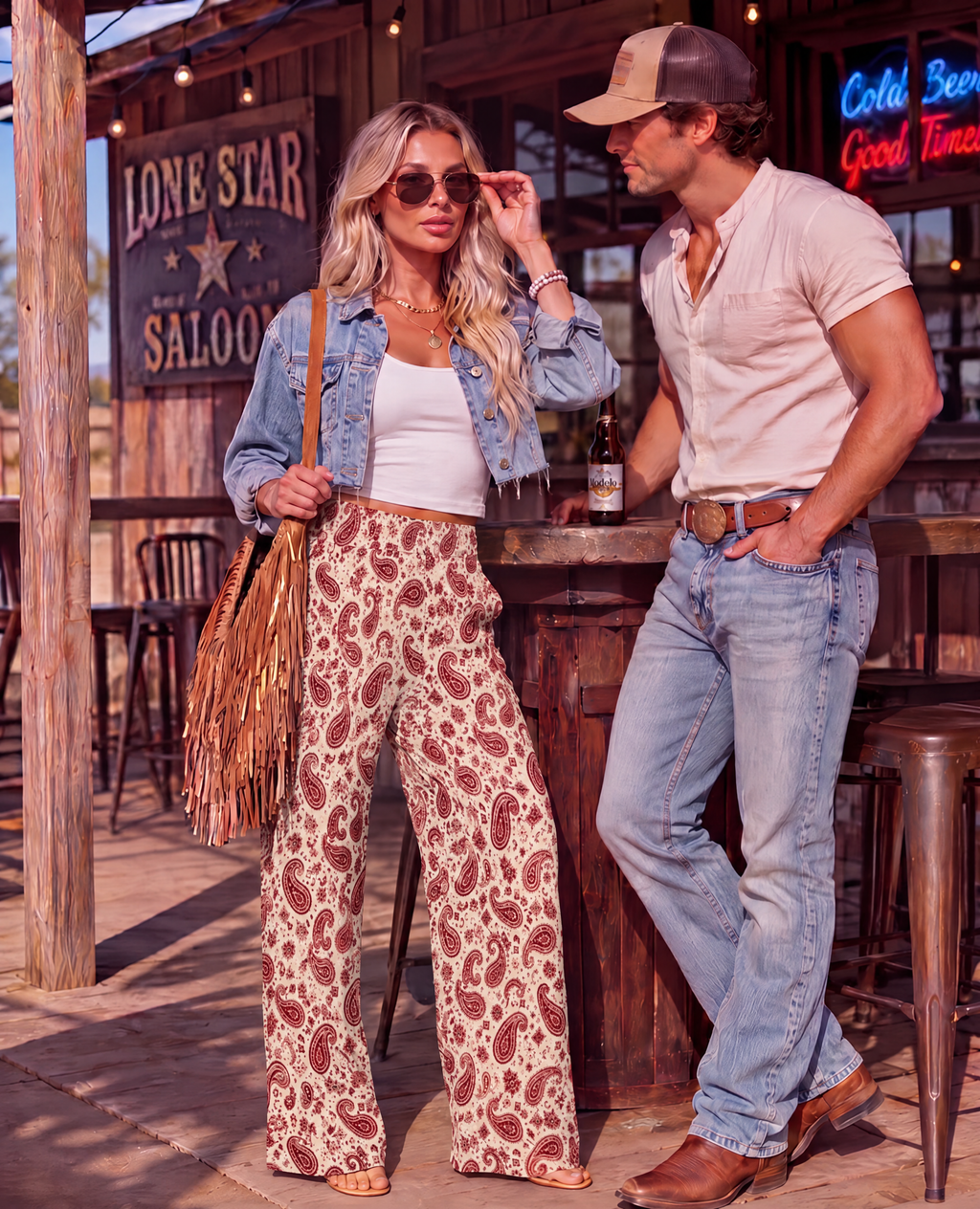 Baha Ranch Cream with Red Paisley Bandana Wide Leg Pants