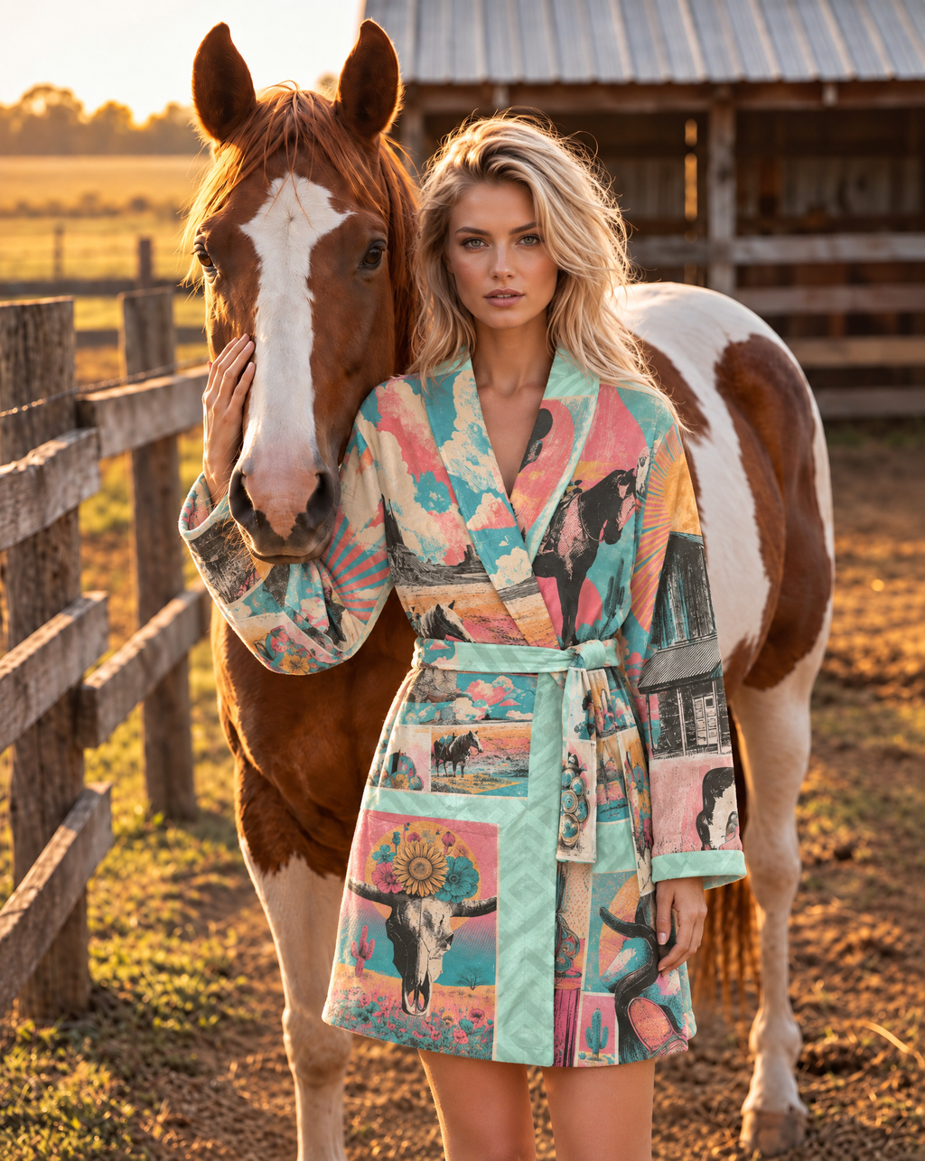 Baha Ranch Honky Tonk Kitsch Ranch Life Plush Minky Fleece Robe