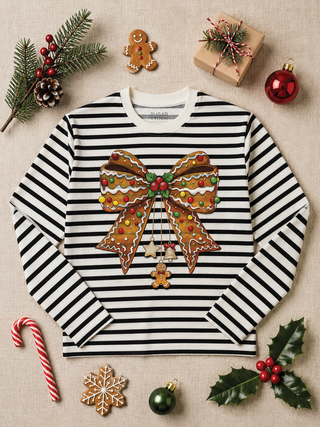 Gingerbread Bow Christmas Graphic Long Sleeve Striped Edgy Shirt