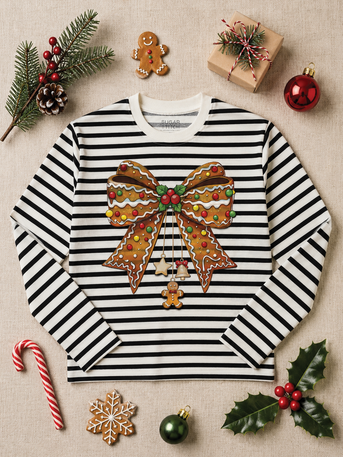 Gingerbread Bow Christmas Graphic Long Sleeve Striped Edgy Shirt