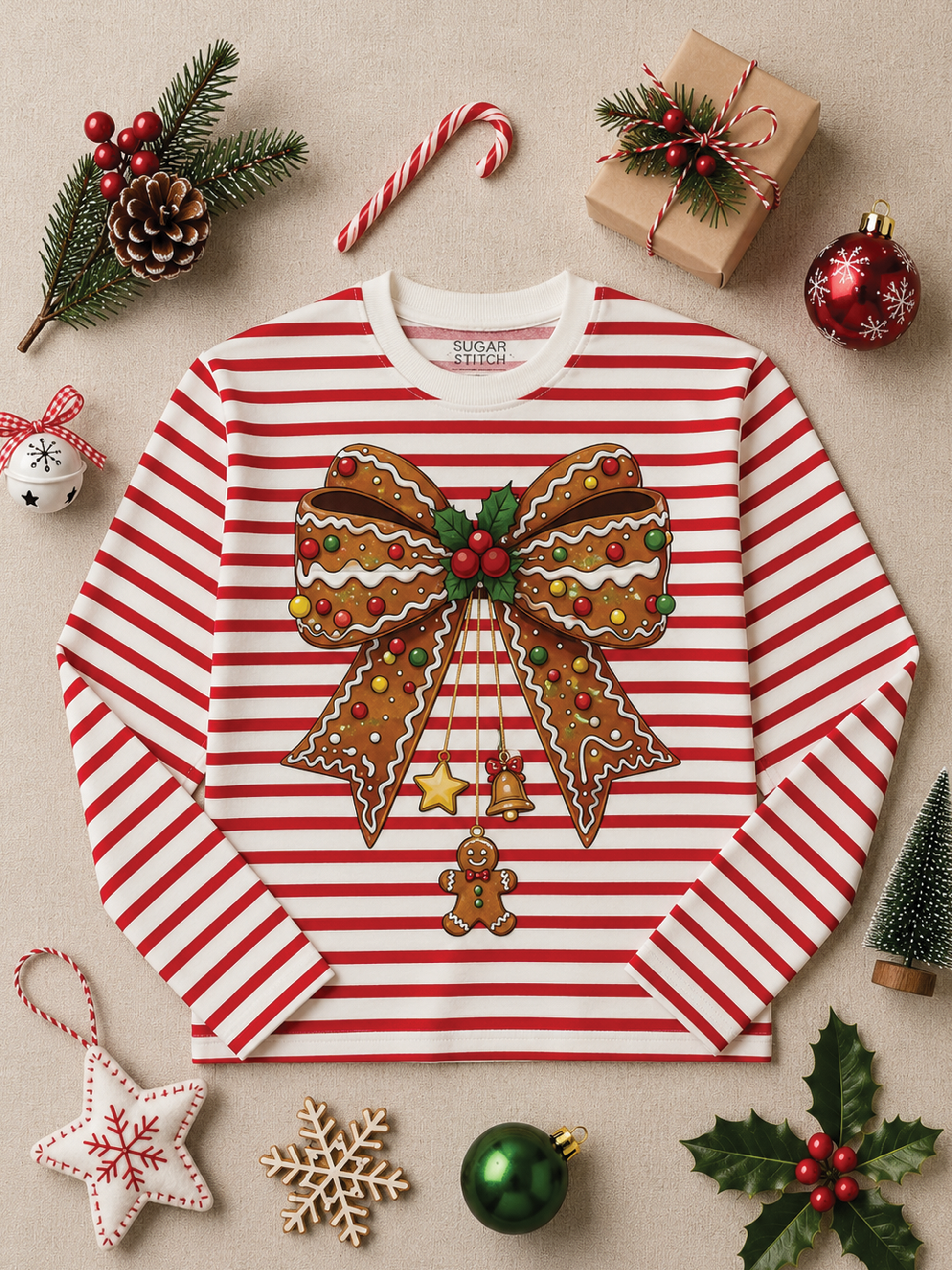 Gingerbread Bow Christmas Graphic Long Sleeve Striped Edgy Shirt