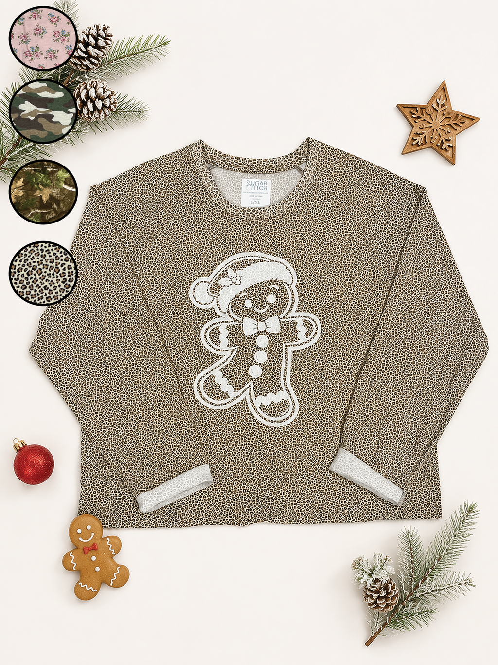 Gingerbread Man White Glitter AOP Edgy Long Sleeve Graphic Shirt