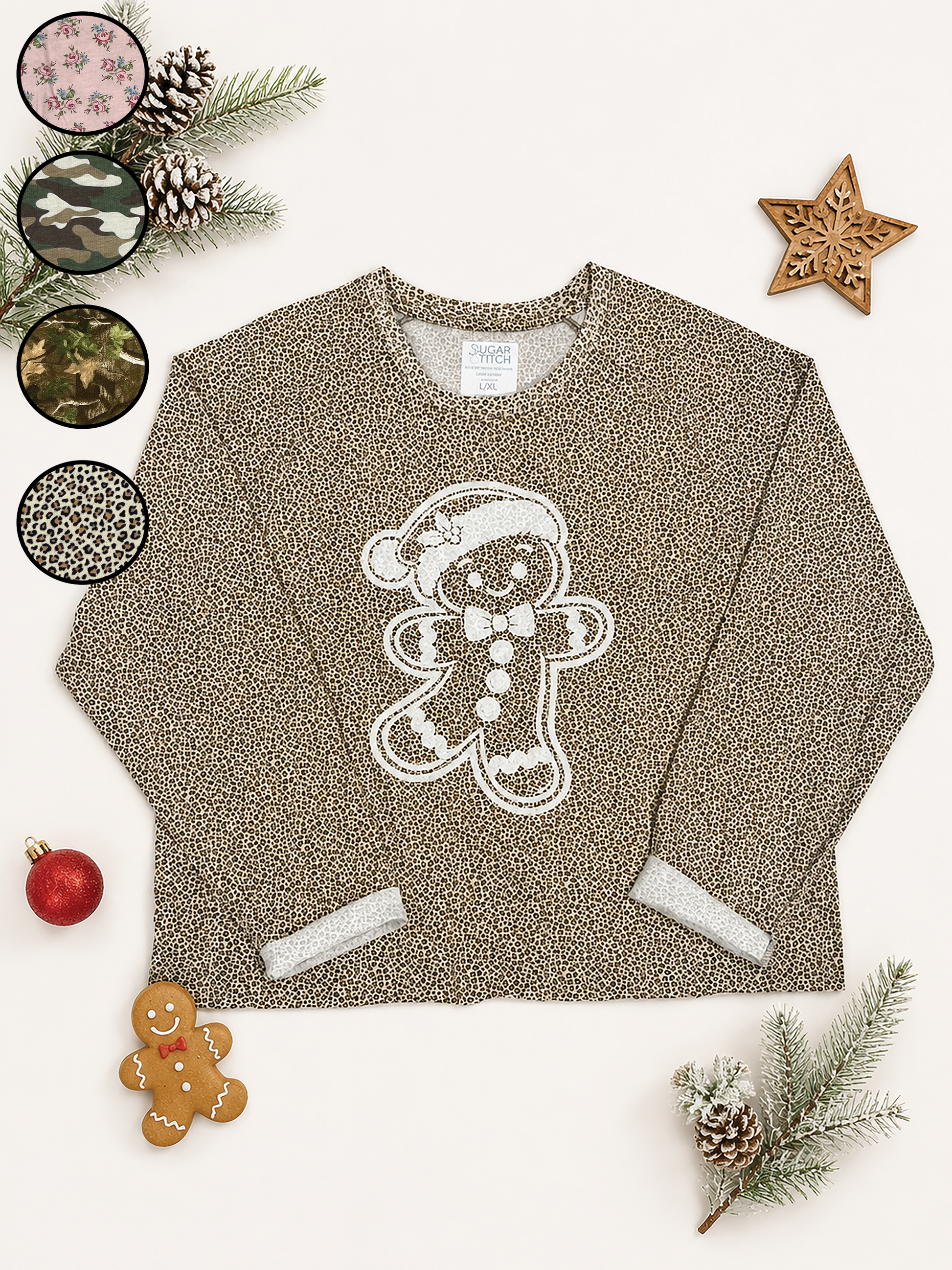 Gingerbread Man White Glitter AOP Edgy Long Sleeve Graphic Shirt