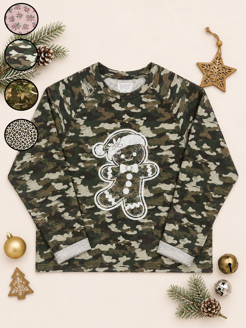 Gingerbread Man White Glitter AOP Edgy Long Sleeve Graphic Shirt