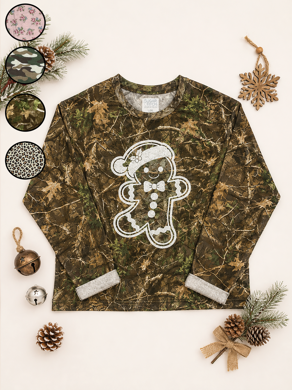 Gingerbread Man White Glitter AOP Edgy Long Sleeve Graphic Shirt