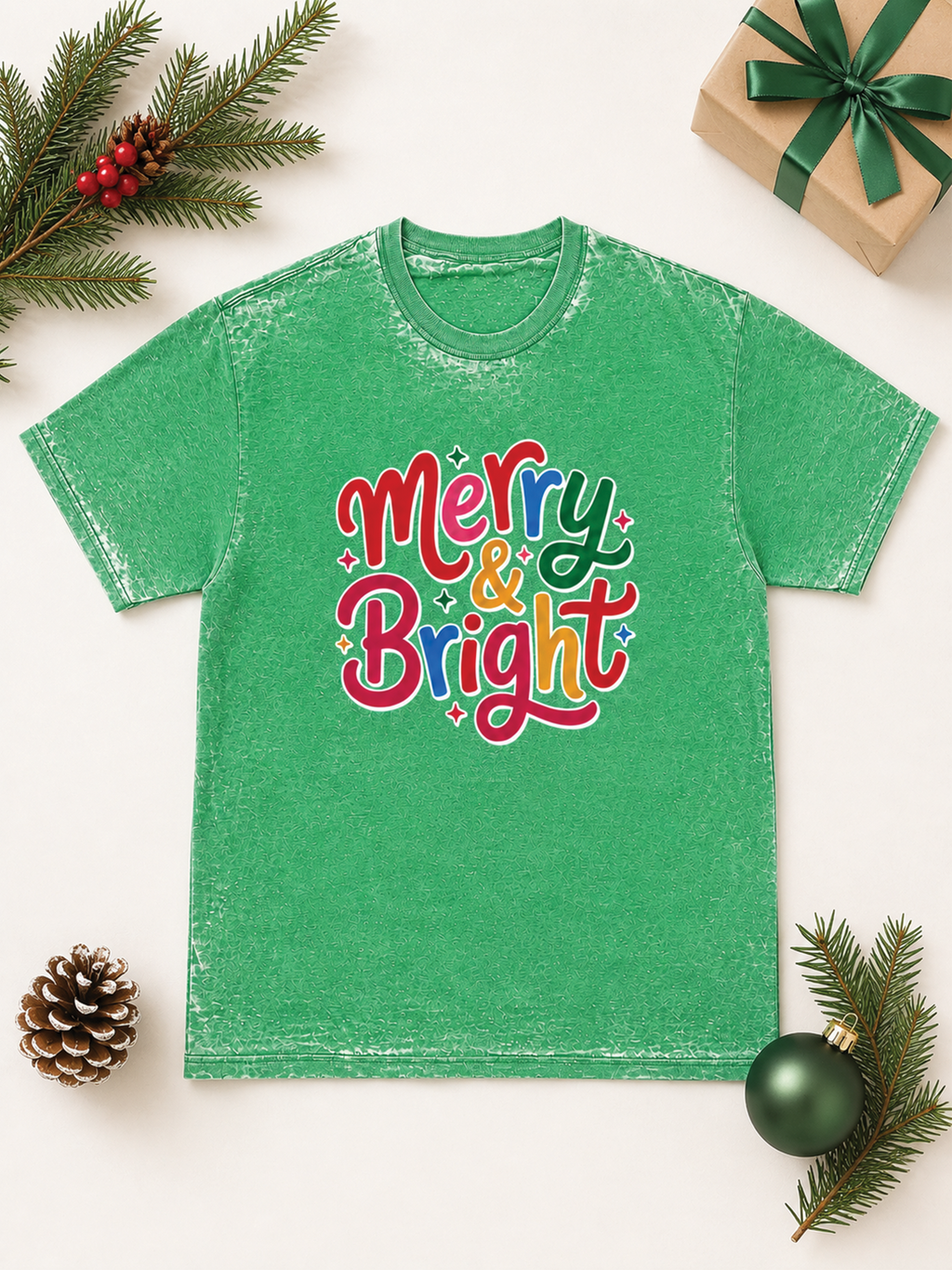 Merry and Bright Typography Christmas Burnout T-Shirt