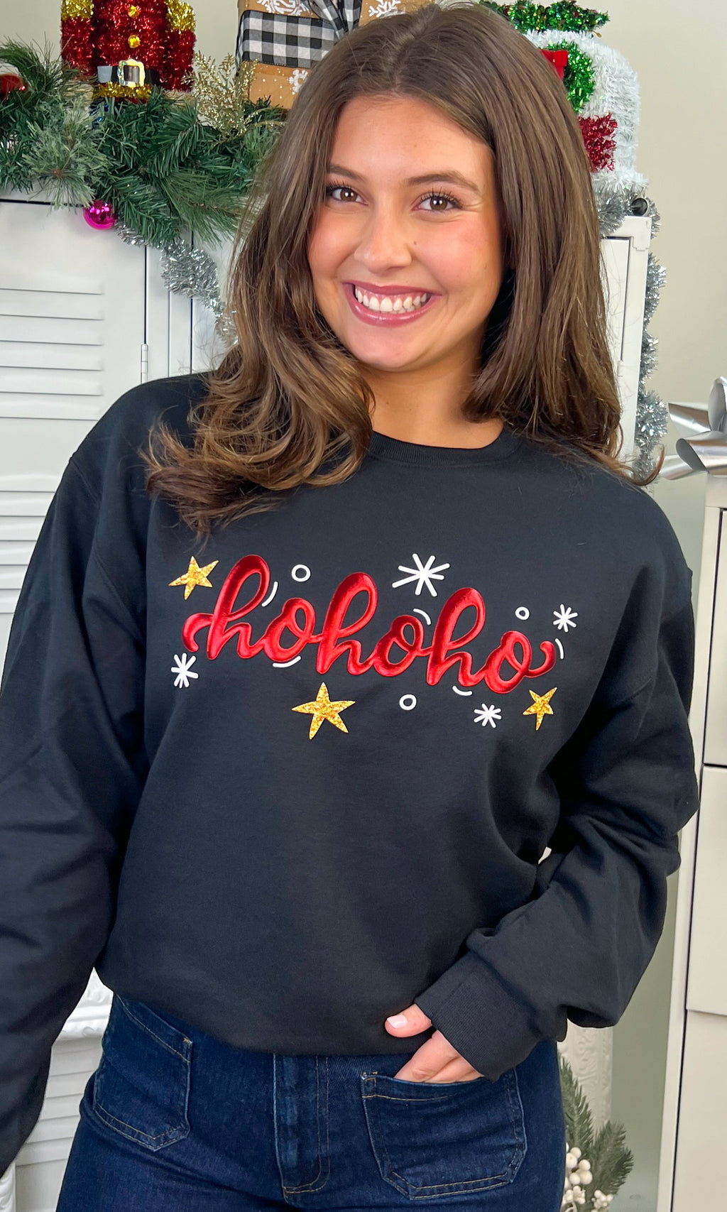 HoHoHo Metallic Puff Christmas Graphic Sweatshirt
