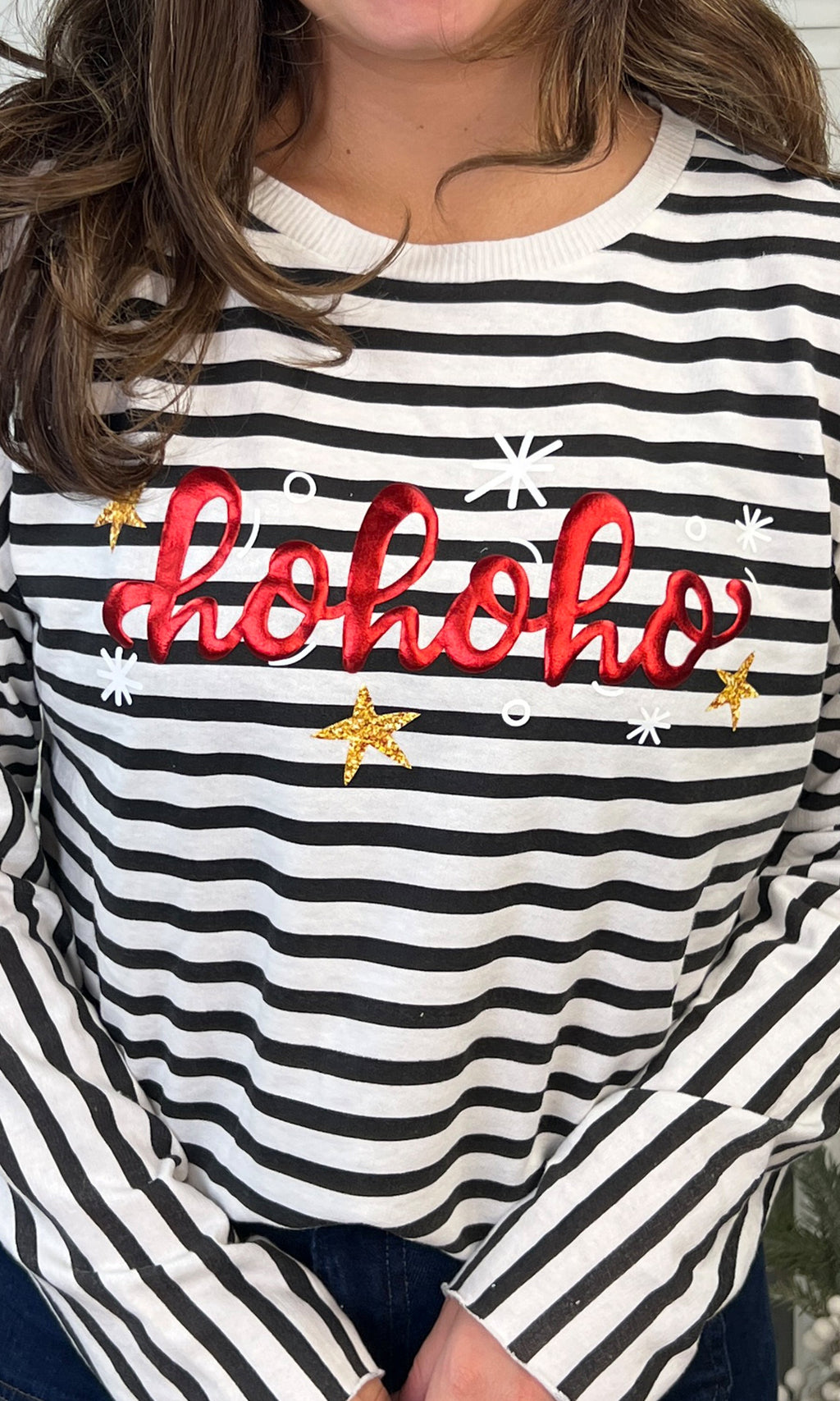HoHoHo Christmas Metallic Puff Edgy LS Striped Graphic Shirt