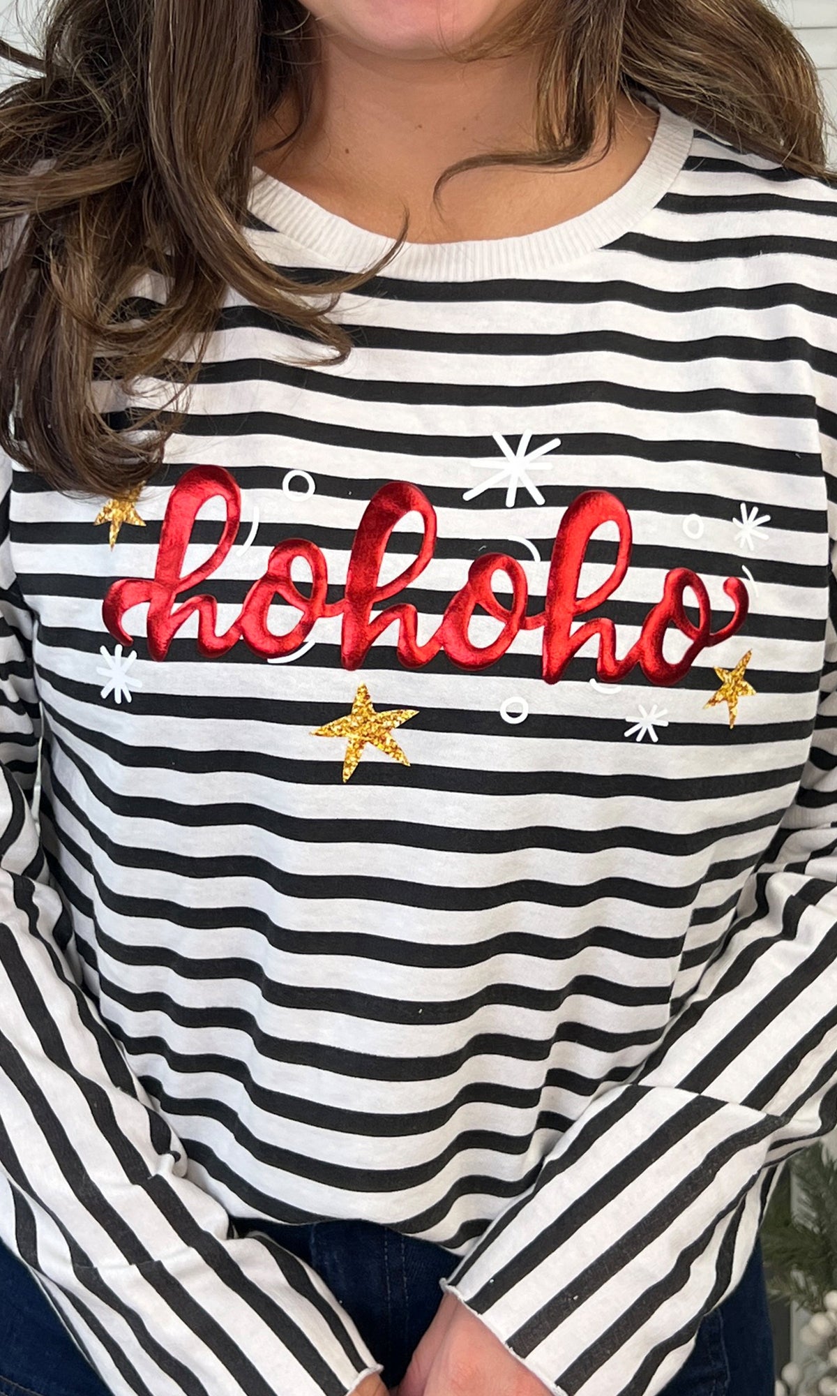 HoHoHo Christmas Metallic Puff Edgy LS Striped Graphic Shirt