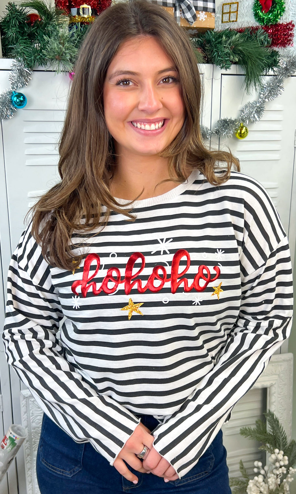 HoHoHo Christmas Metallic Puff Edgy LS Striped Graphic Shirt