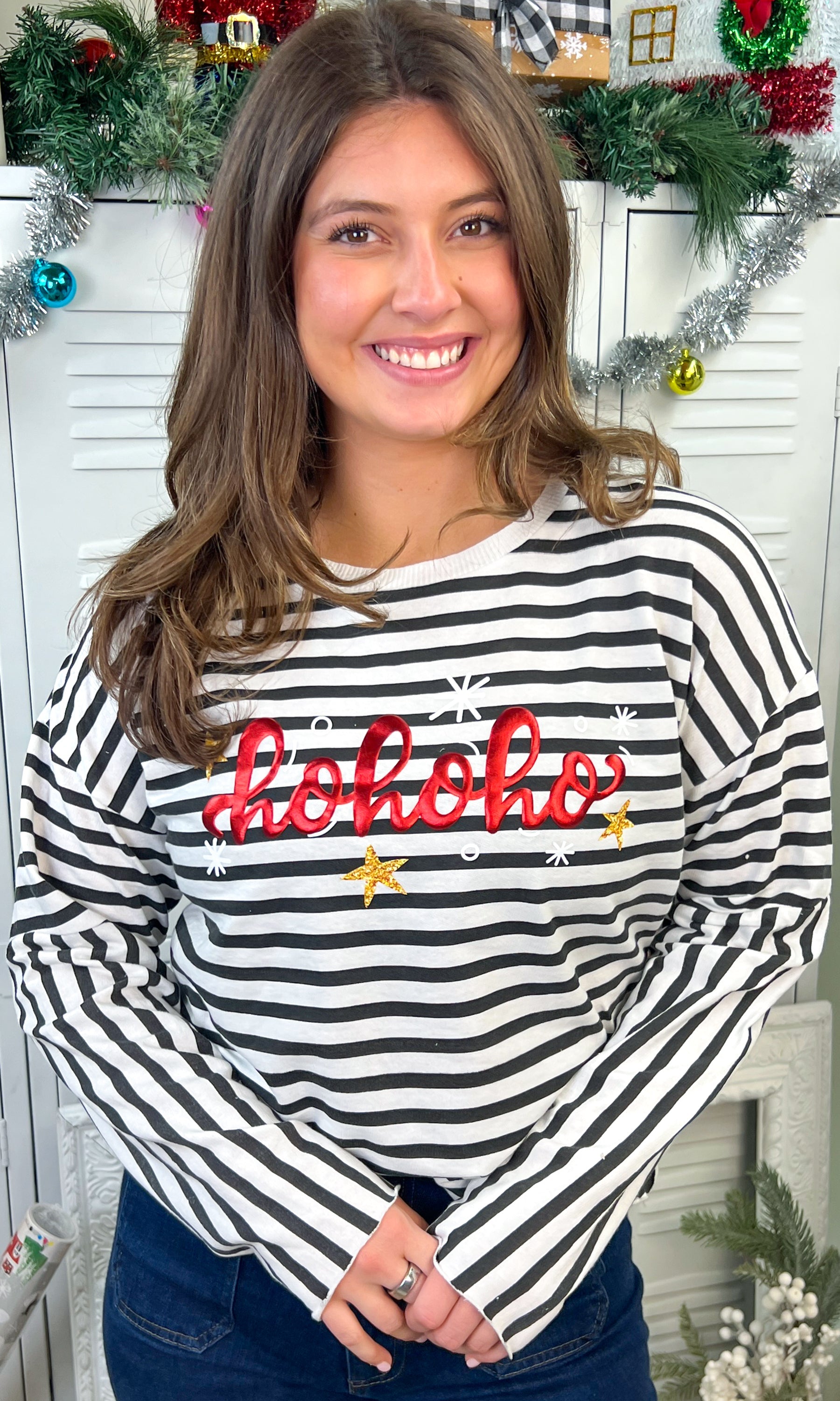 HoHoHo Christmas Metallic Puff Edgy LS Striped Graphic Shirt