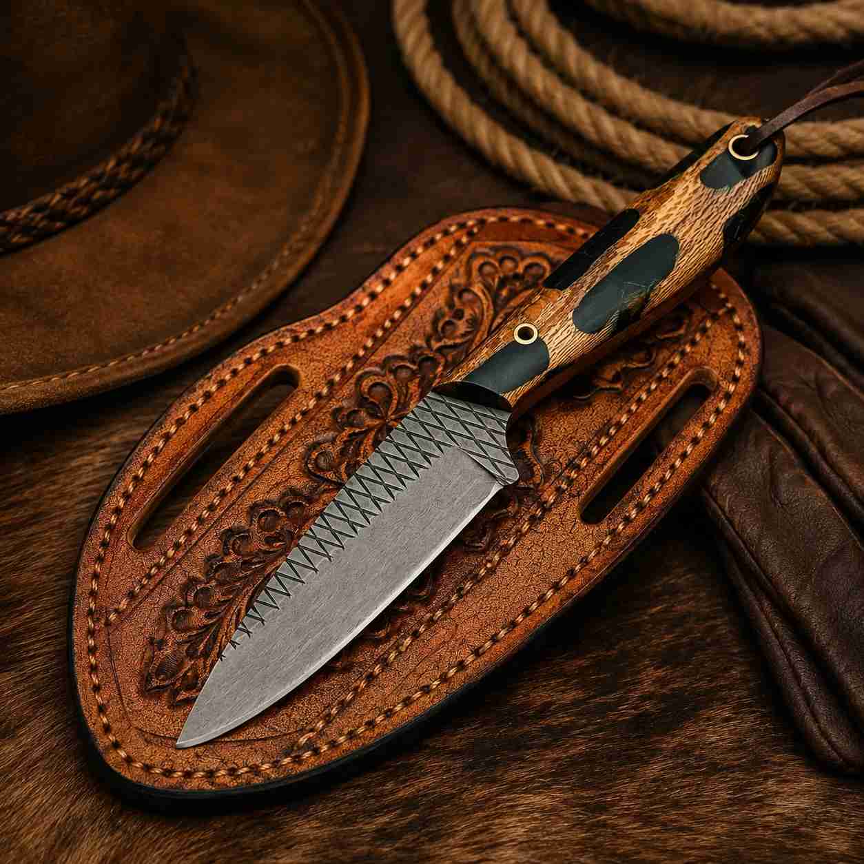 Handmade Cowboy Knife with Rasp Steel Blade, Resin & Wood Handle, Steel Bolster