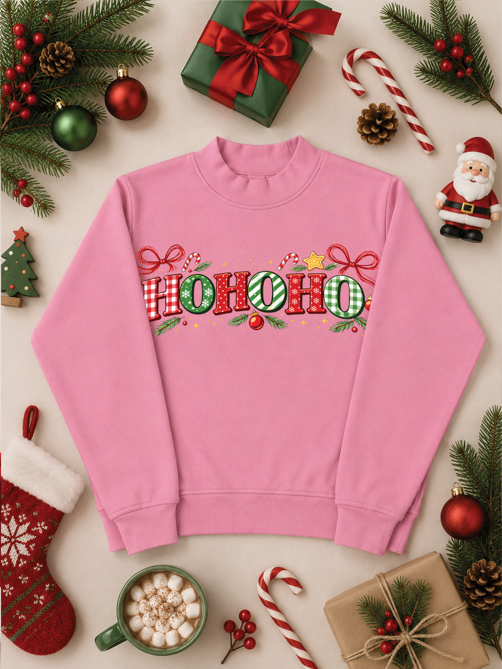 Ho Ho Ho Christmas Holiday Mixed Graphic Mock Neck Sweatshirt