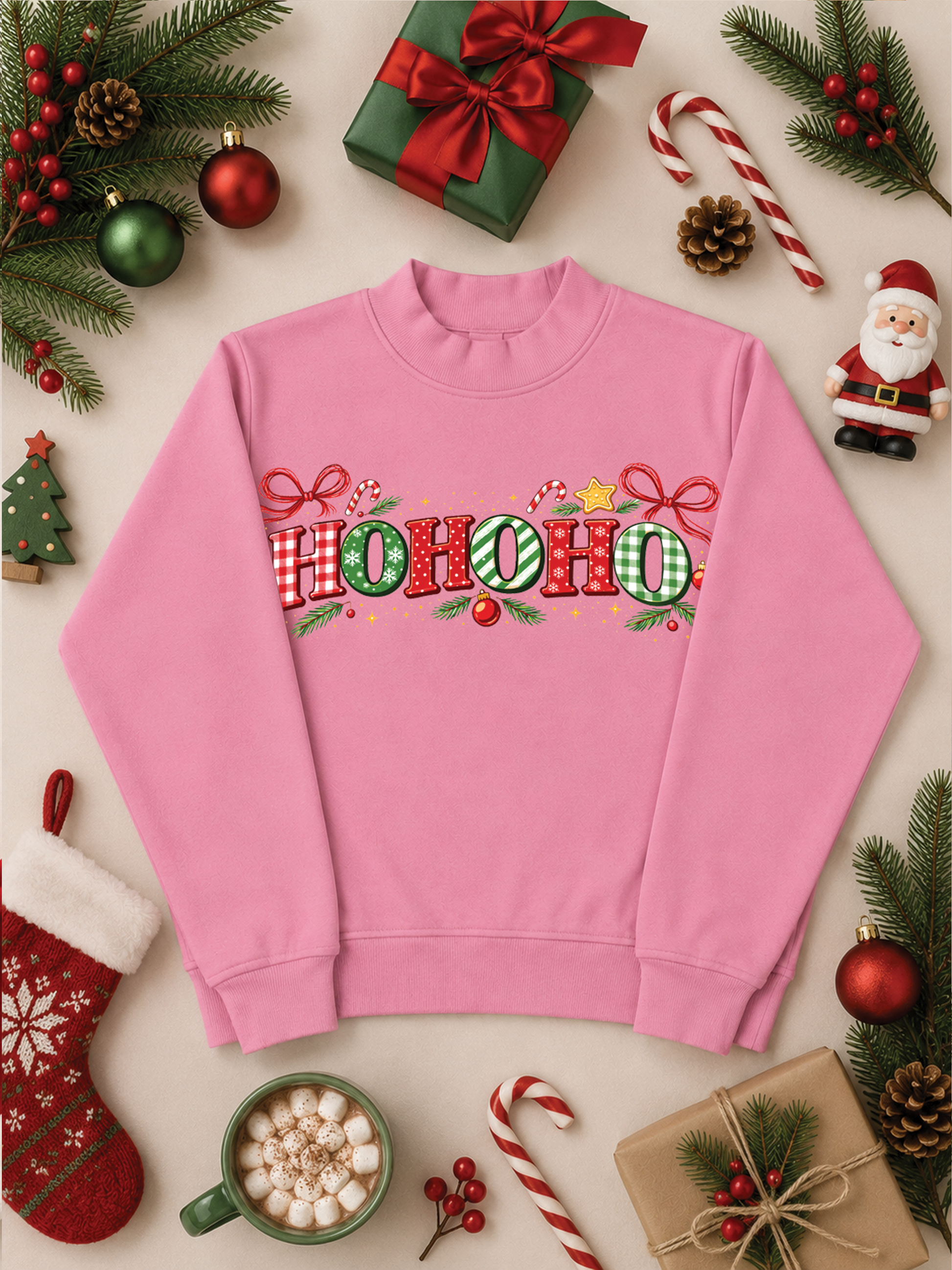 Ho Ho Ho Christmas Holiday Mixed Graphic Mock Neck Sweatshirt