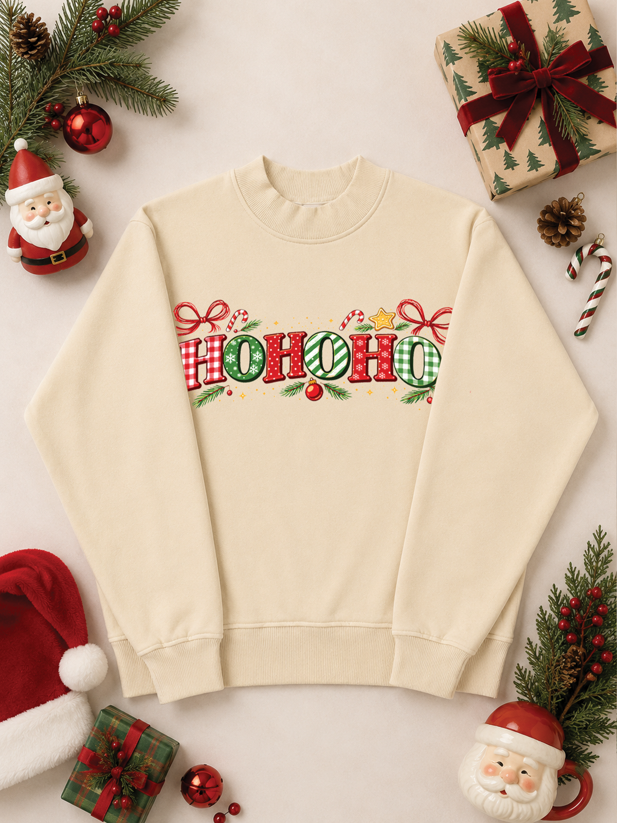 Ho Ho Ho Christmas Holiday Mixed Graphic Mock Neck Sweatshirt
