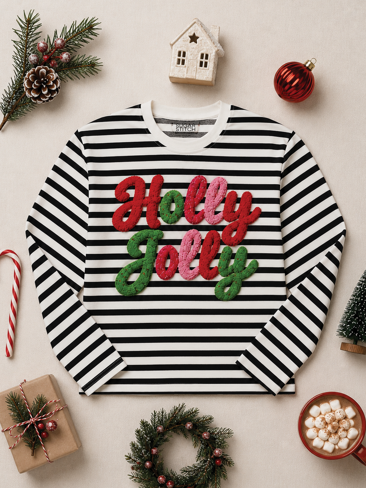 Holly Jolly Yarn Christmas Graphic Long Sleeve Striped Edgy Shirt