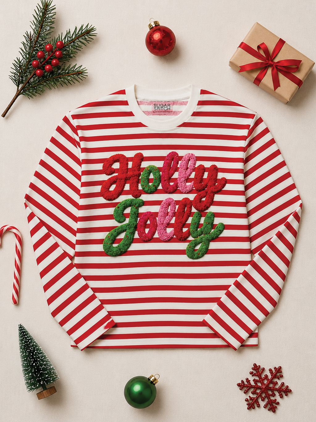 Holly Jolly Yarn Christmas Graphic Long Sleeve Striped Edgy Shirt