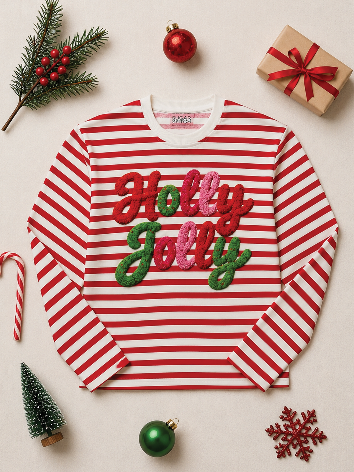 Holly Jolly Yarn Christmas Graphic Long Sleeve Striped Edgy Shirt