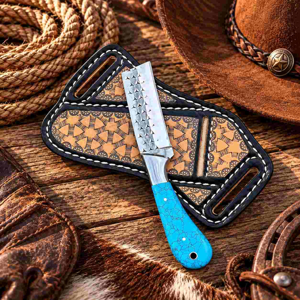 Custom Handmade Horse Rasp Stainless Steel 3-Inch Western Bull Cutter with Turquoise Stone Handle & Leather Sheath
